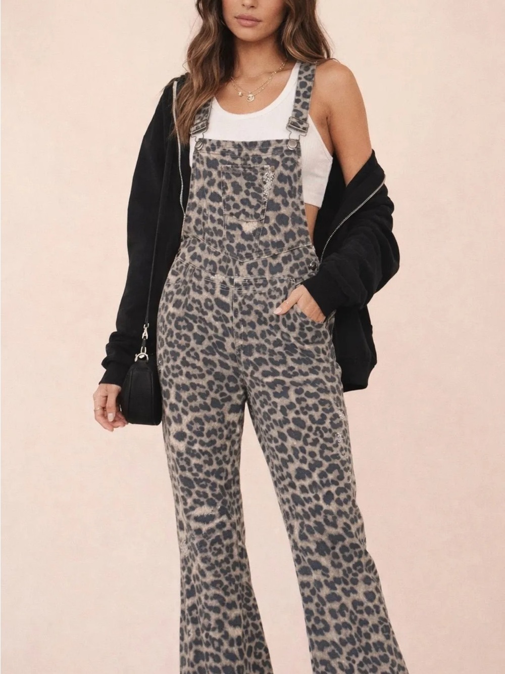 Aaron & Amber Leopard Print Flared Overalls - Tan Grey & Taupe - NWT Medium
